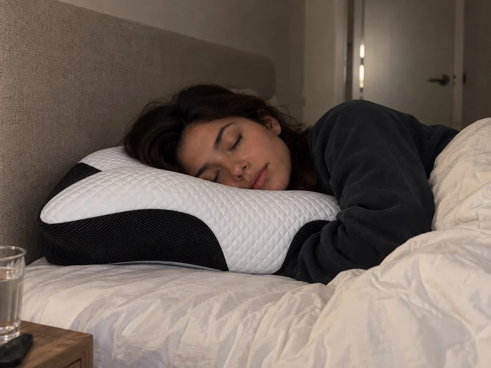 Mujer durmiendo de lado por la noche