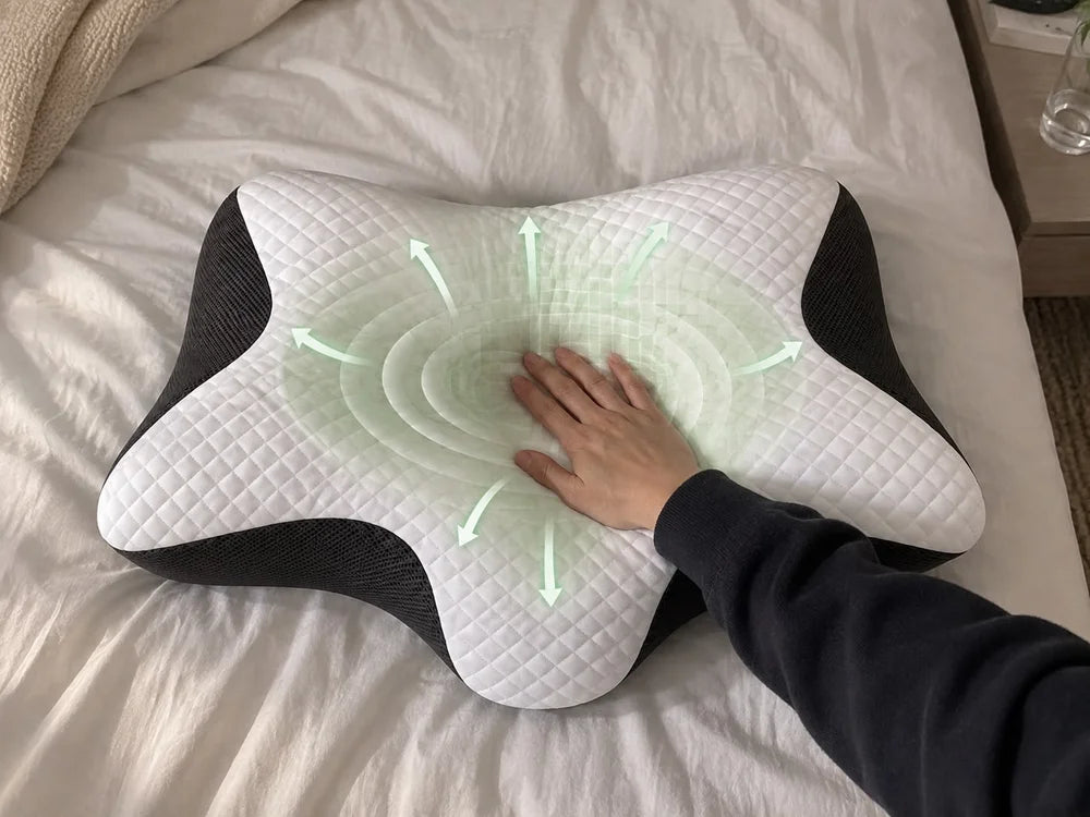 Mano presionando la almohada y la presión repartiéndose