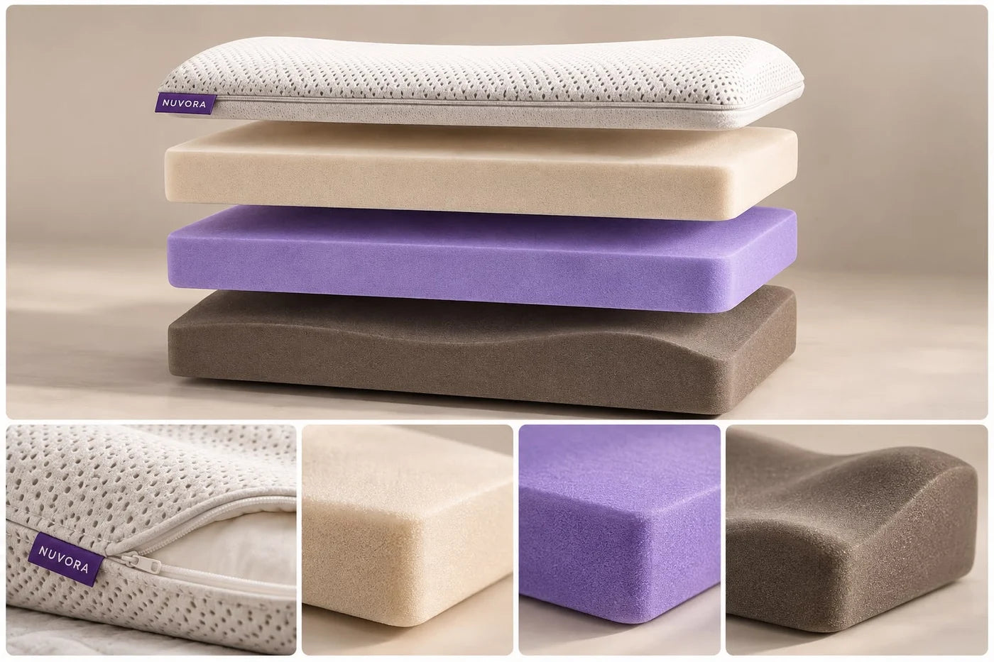 Capas de la almohada NUVORA: funda extraíble, capa de confort, núcleo de soporte y base con contorno