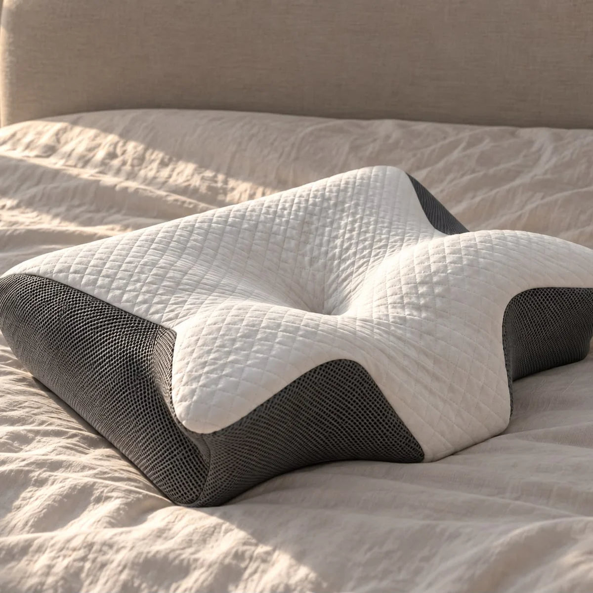 Almohada ergonómica NUVORA sobre una cama