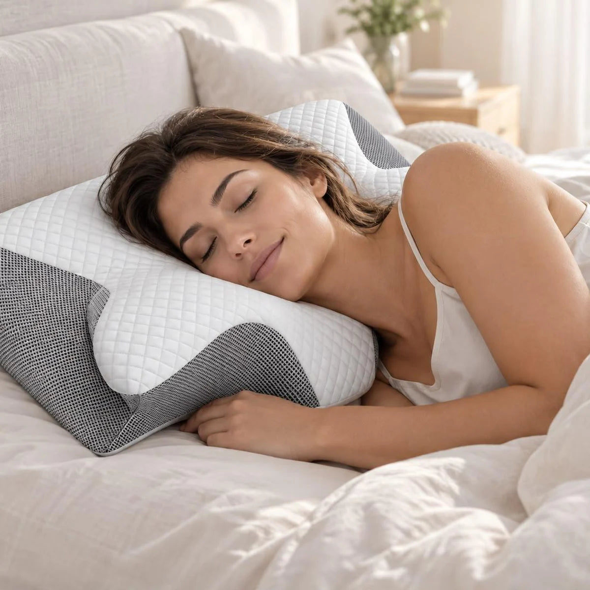 Mujer durmiendo de lado sobre la almohada NUVORA