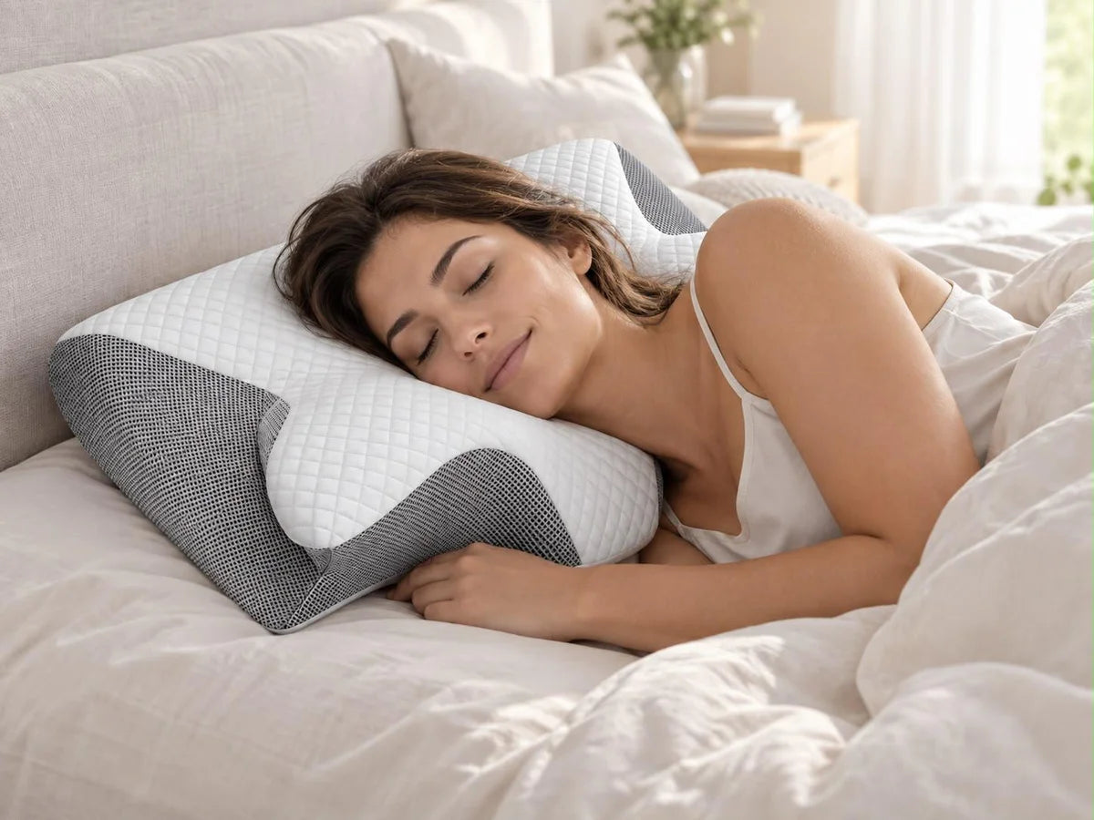 Mujer durmiendo de lado sobre la almohada NUVORA