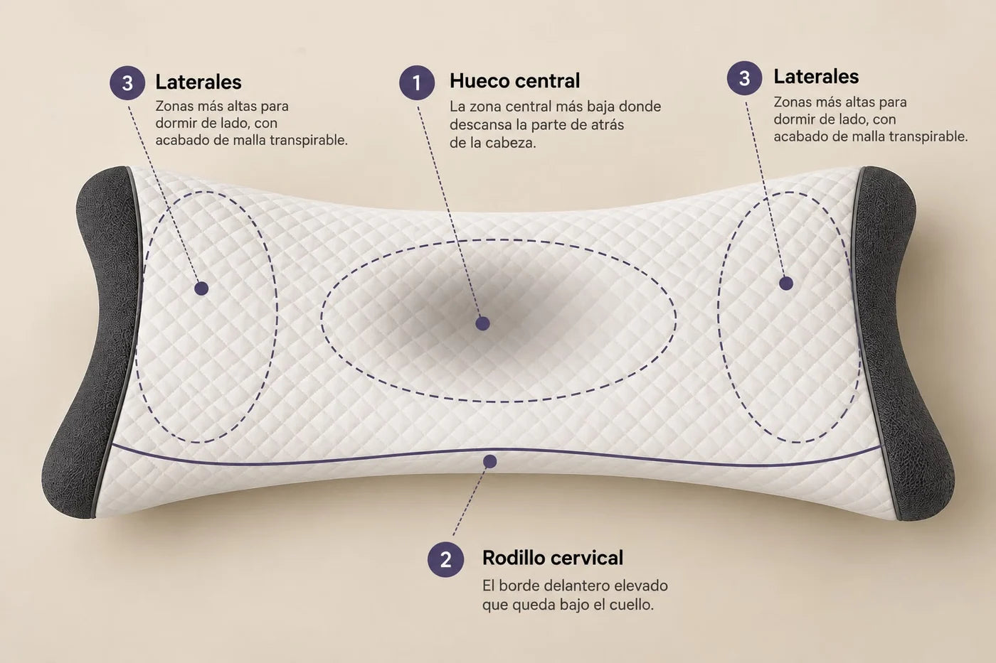 Zonas de la almohada: hueco central, rodillo cervical y laterales